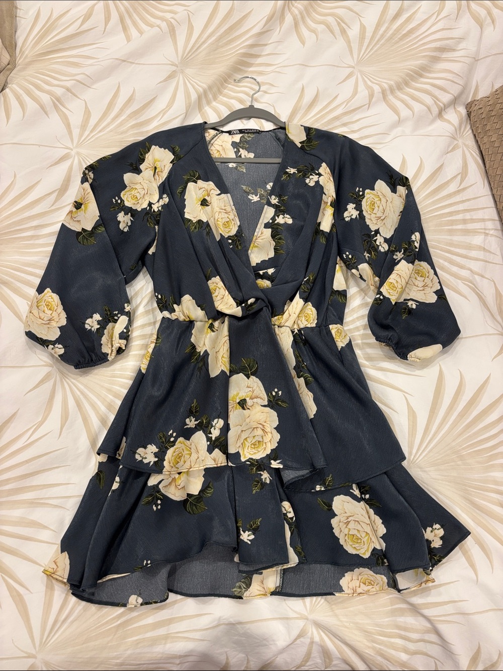 Zara Navy Floral Wrap Mini Dress with Cream Roses